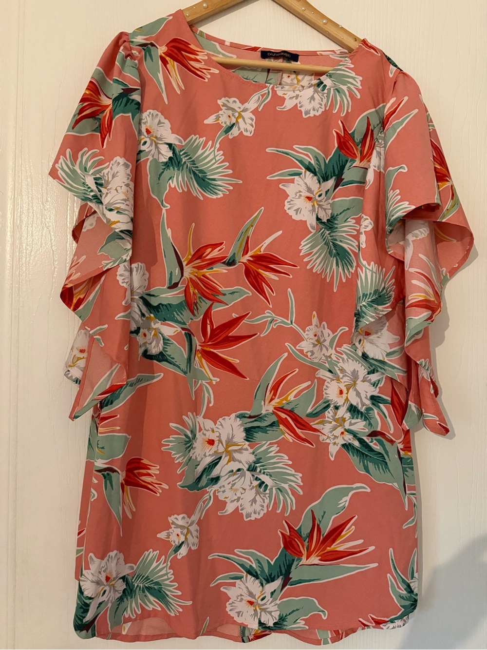 Coral Floral Ruffle Sleeve Mini Dress